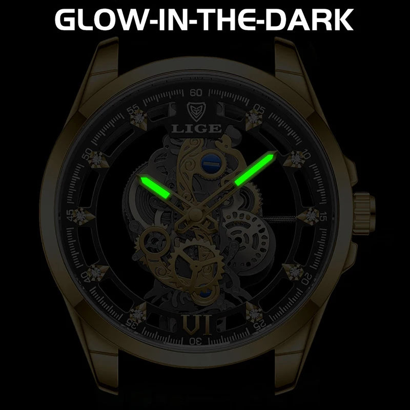 LIGE Gold Skeleton Vintage Watch