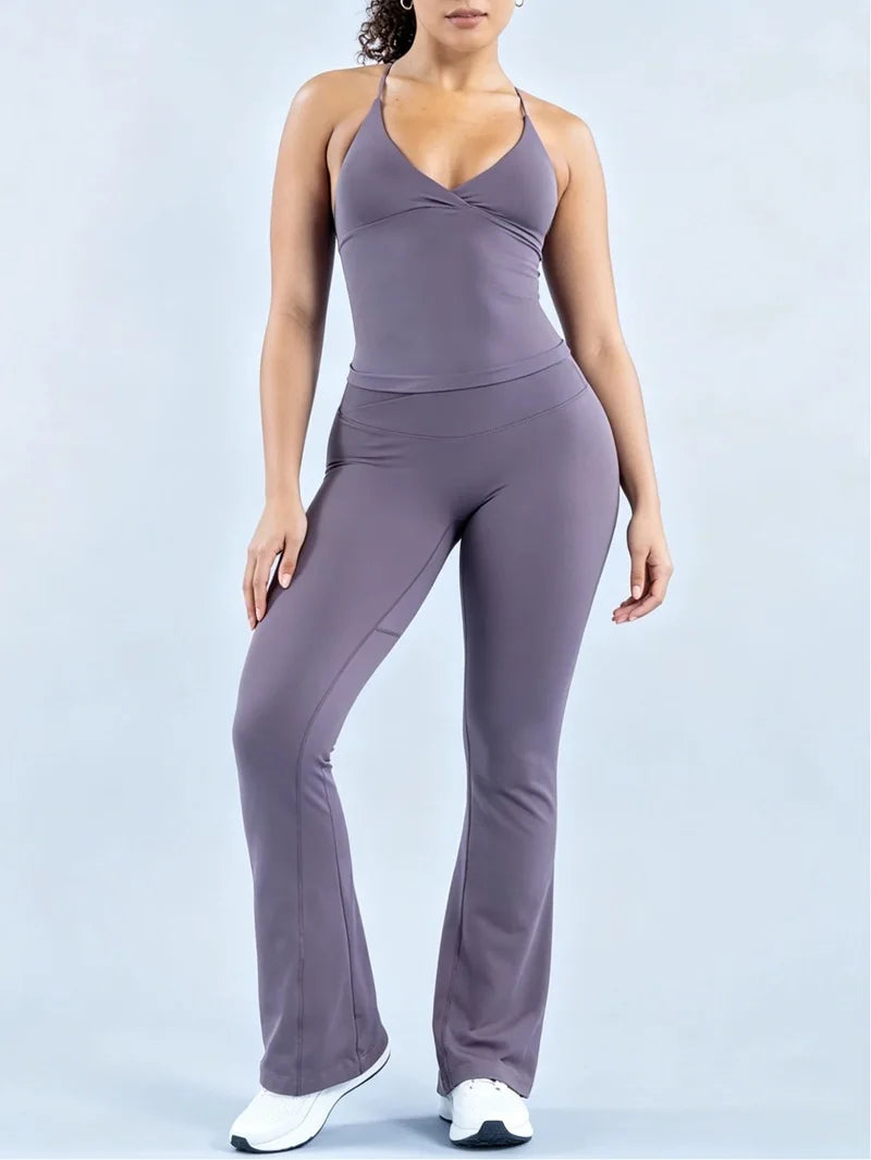 Nylon Solid Sleeveless True-To-Size Fit Two-Piece Yoga Set