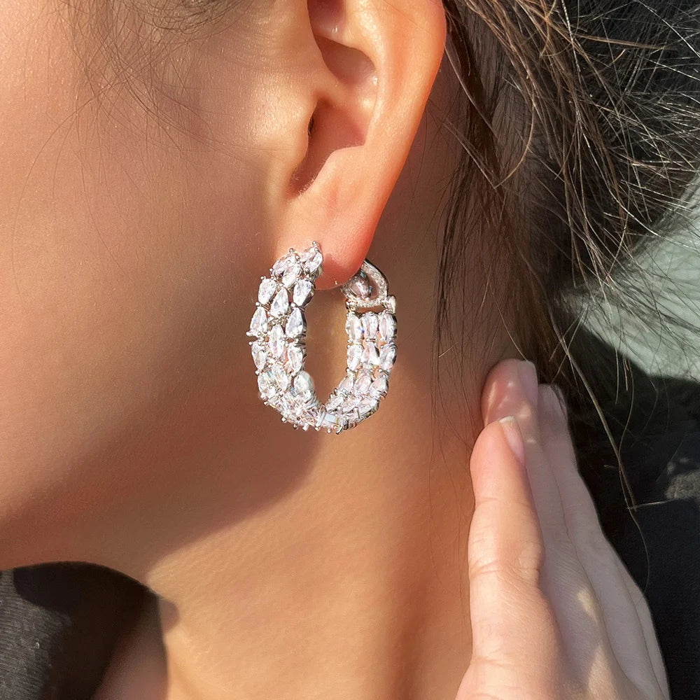 Silver Zircon Round Hoop Earrings