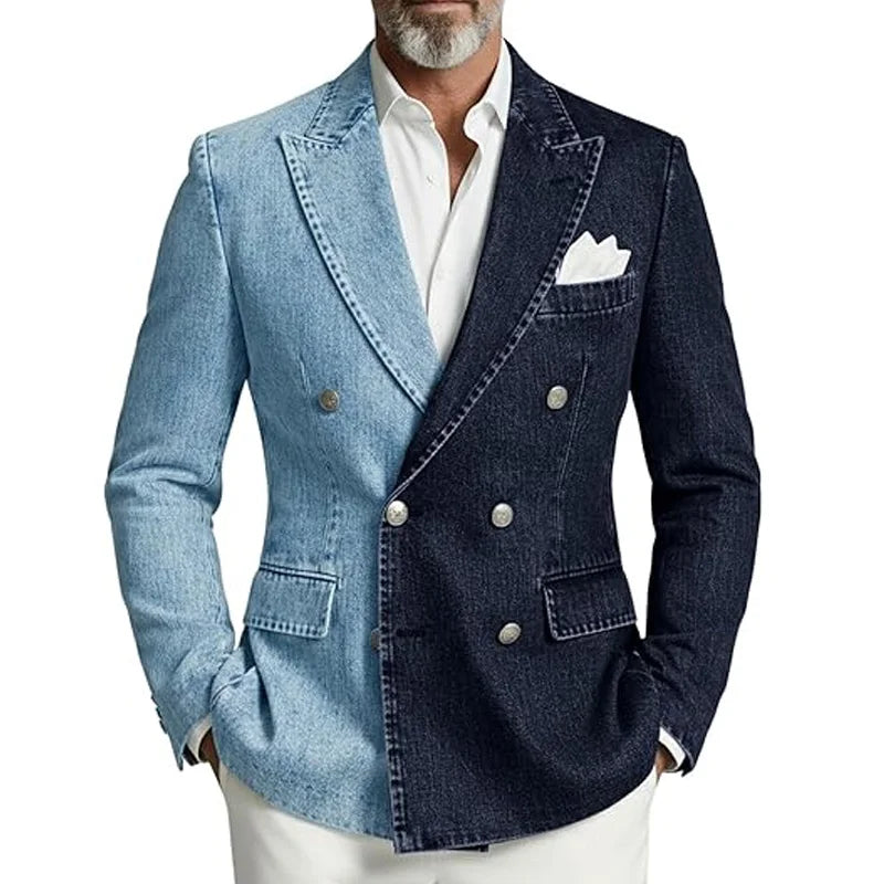 Denim Double-Breasted Peak-Lapel Blazer