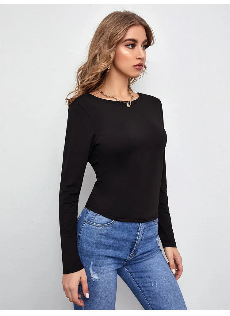 Broadcloth Solid Crew Neck Long Sleeve Top