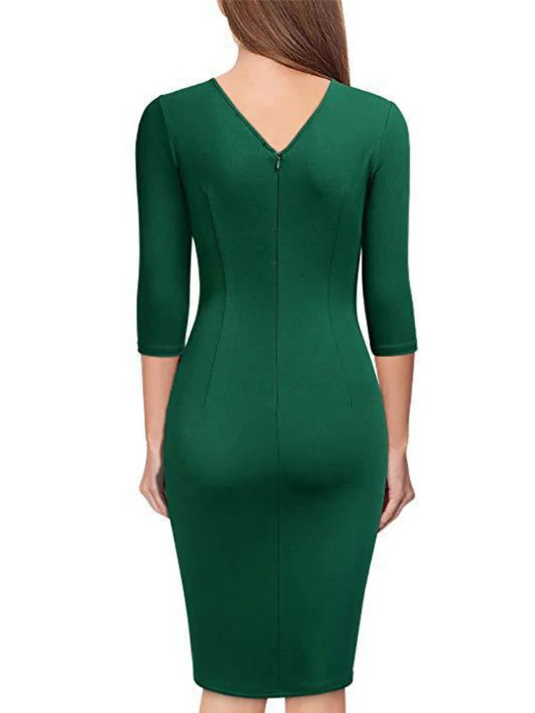 V-Neck Pleated Bodycon Dress