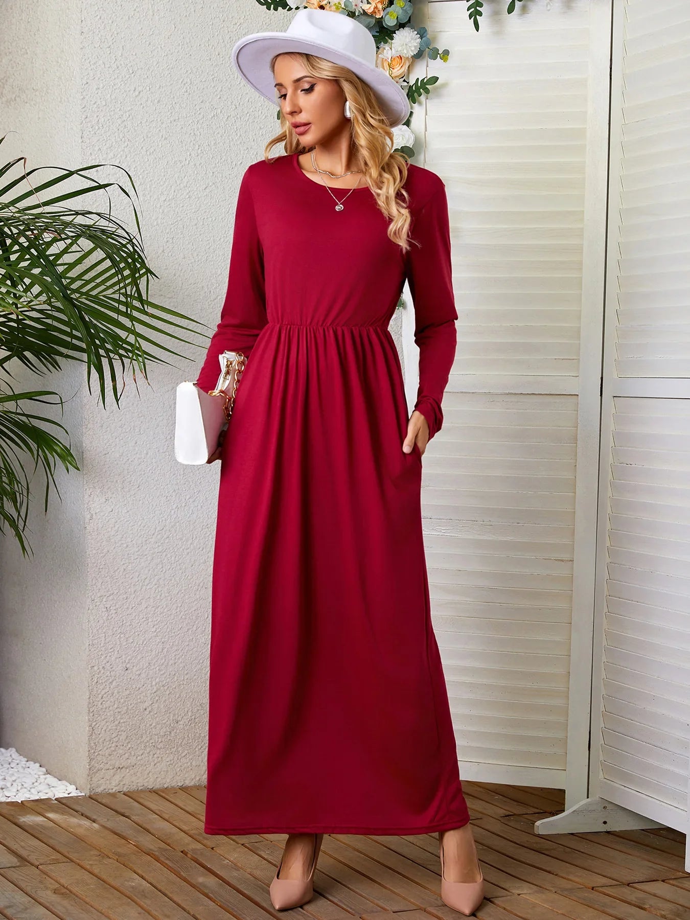 Autumn Winter Solid Color Pocket Maxi Dress