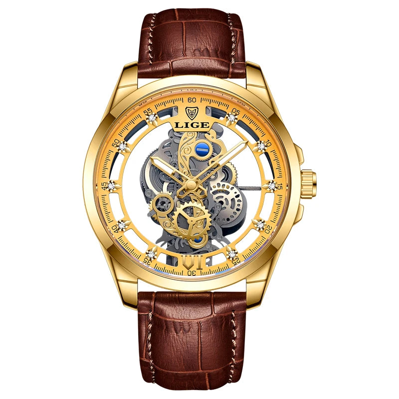 LIGE Gold Skeleton Vintage Watch