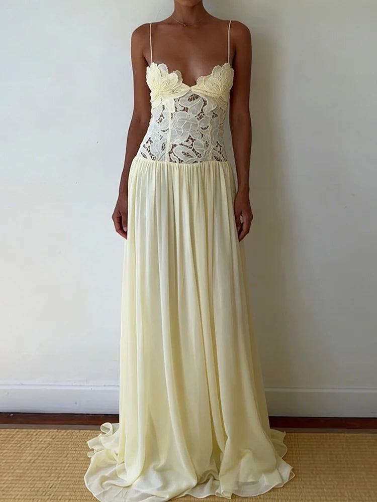 Hollow-Out Lace Patchwork Maxi Dress