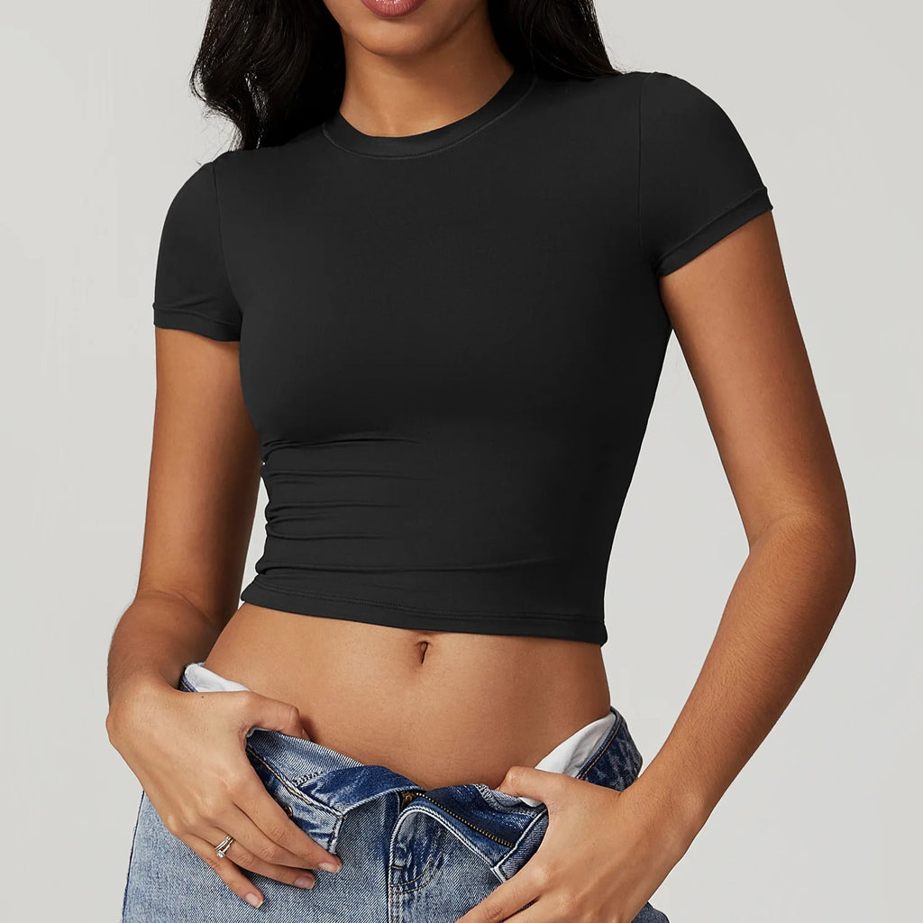 Nylon Short Sleeve True-To-Size Fit Crop Top
