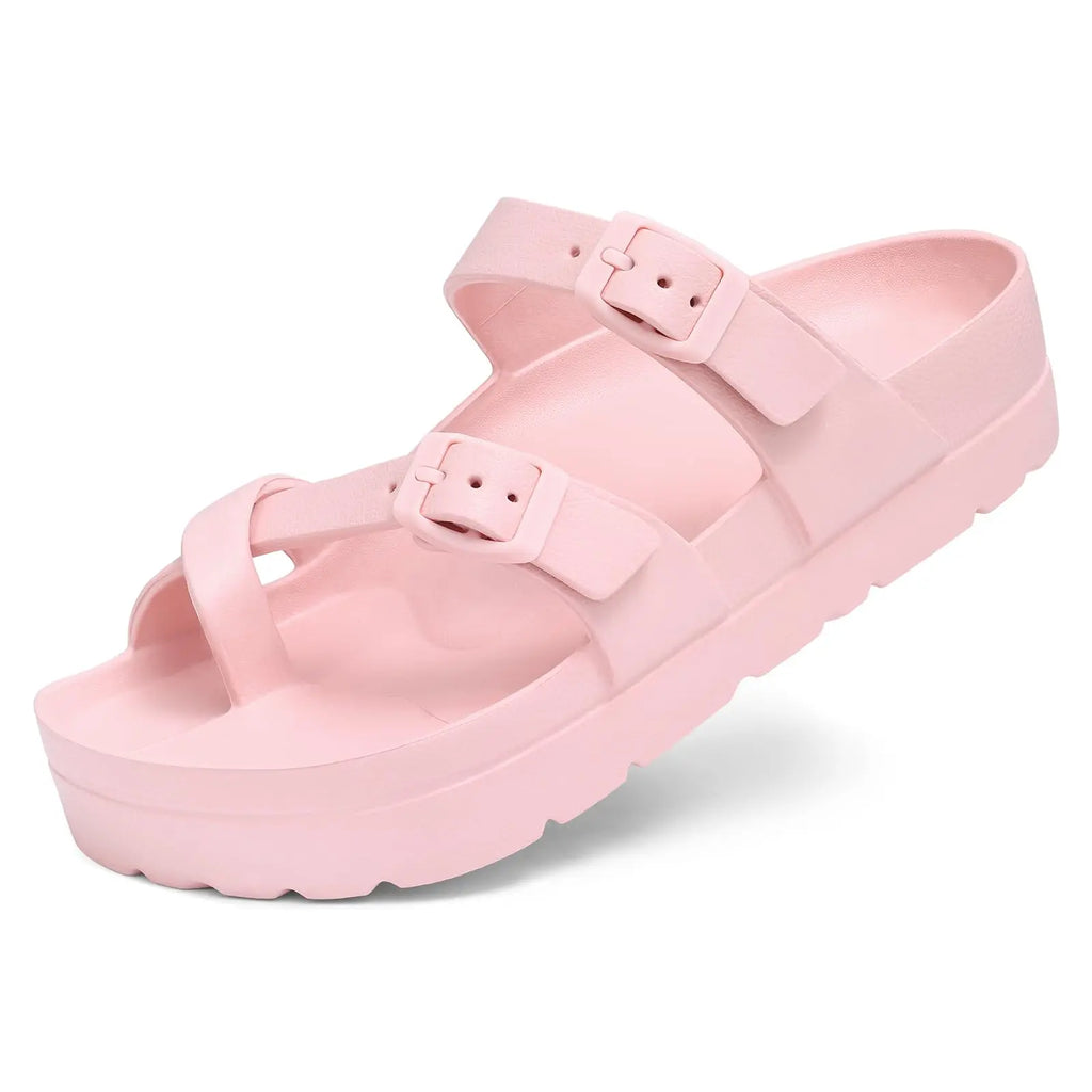 Women Buckle Platform Slides
