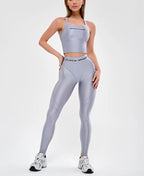 Laminated Solid Pullover Slim Fit Two-Piece Yoga Set