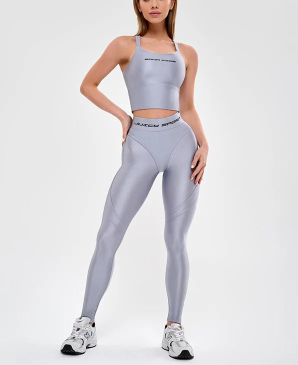 Laminated Solid Pullover Slim Fit Two-Piece Yoga Set