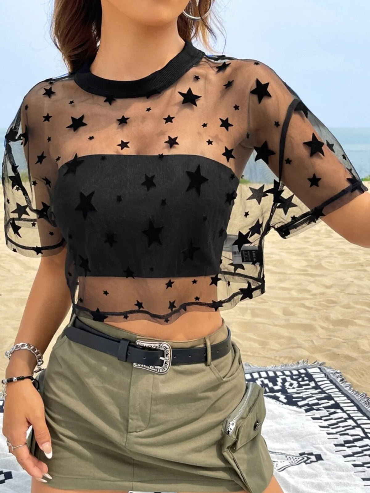 Heart Print Sheer Mesh Crop Top