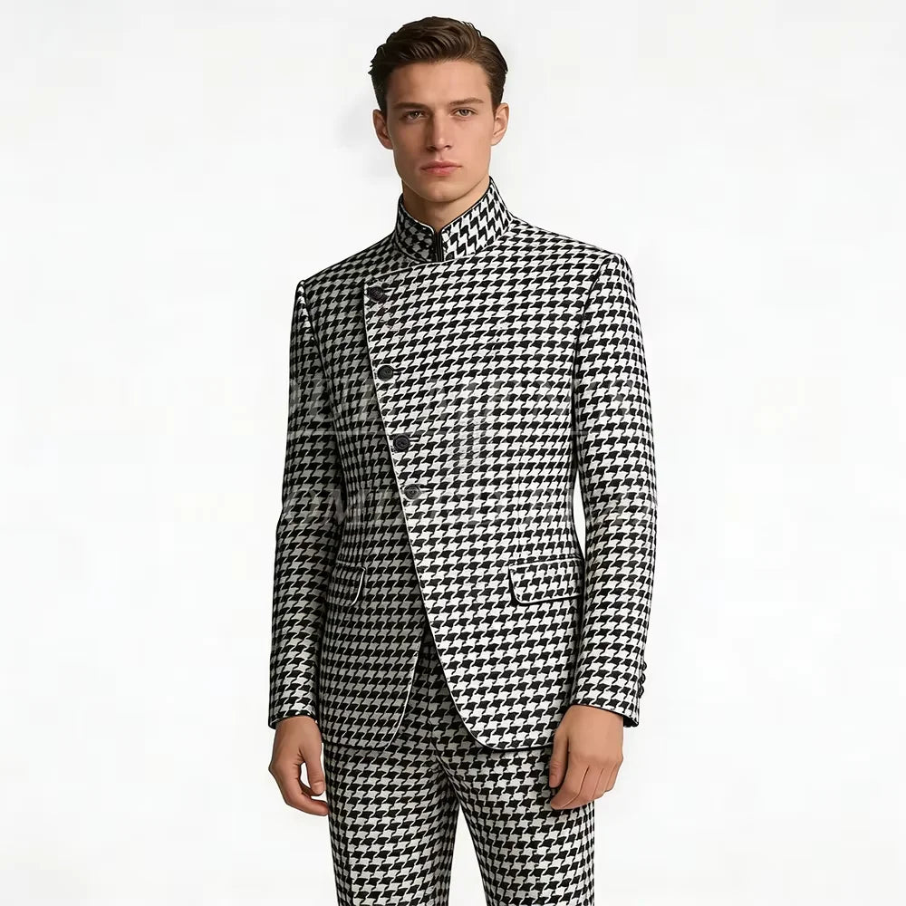 Houndstooth Mandarin-Collar Slim Suit