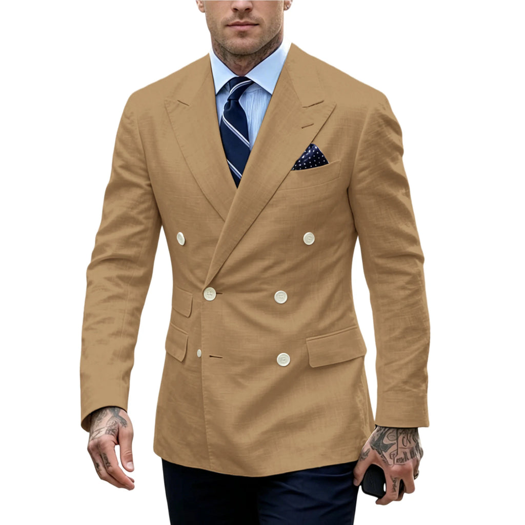 Linen Double-Breasted Slim Tuxedo Blazer