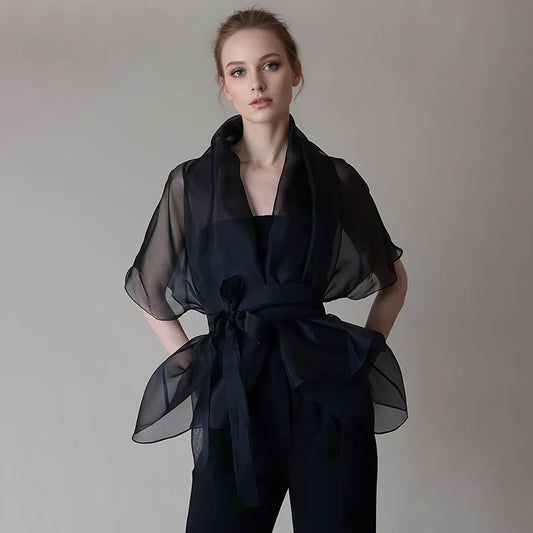 Lace-Up Organza Blouse