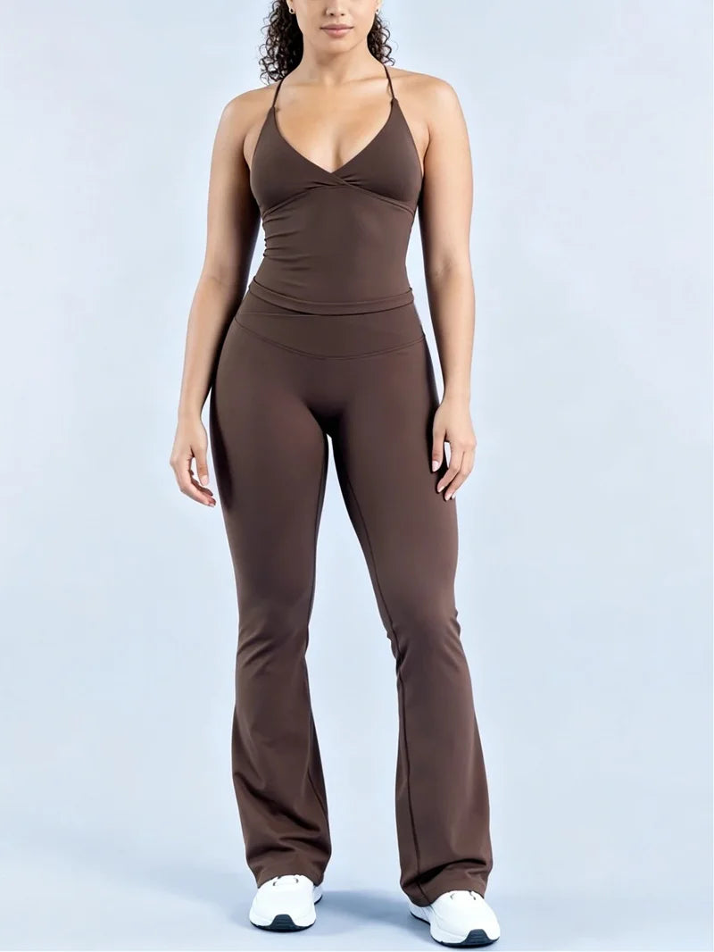 Nylon Solid Sleeveless True-To-Size Fit Two-Piece Yoga Set