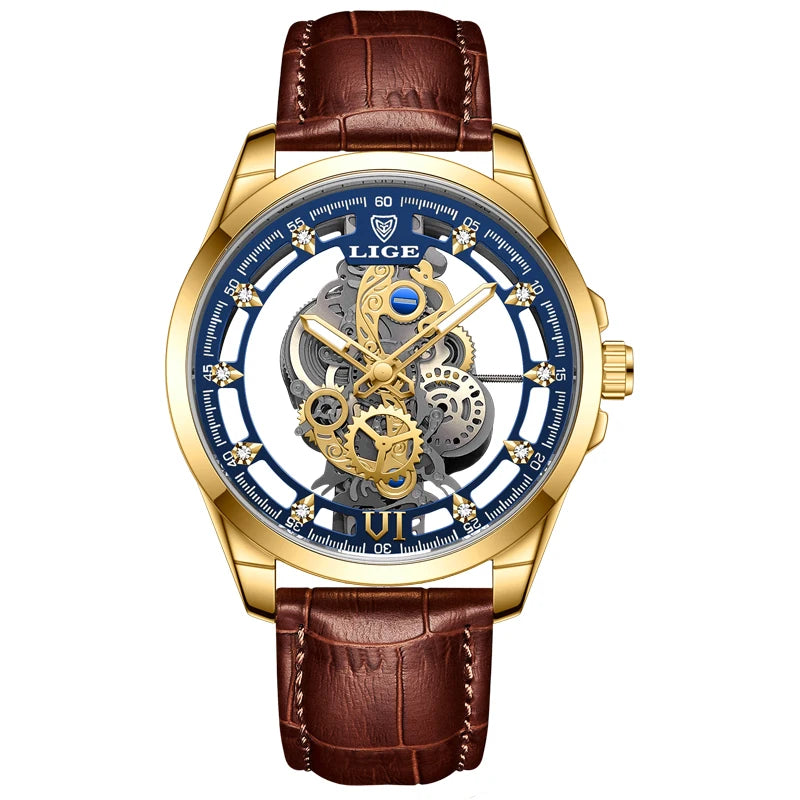 LIGE Gold Skeleton Vintage Watch