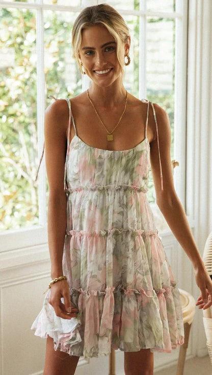 Vintage Floral Print Backless Mini Dress