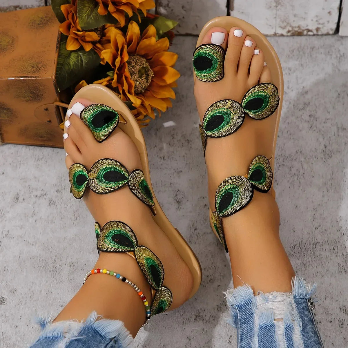 Peacock Feather Flat Sandals