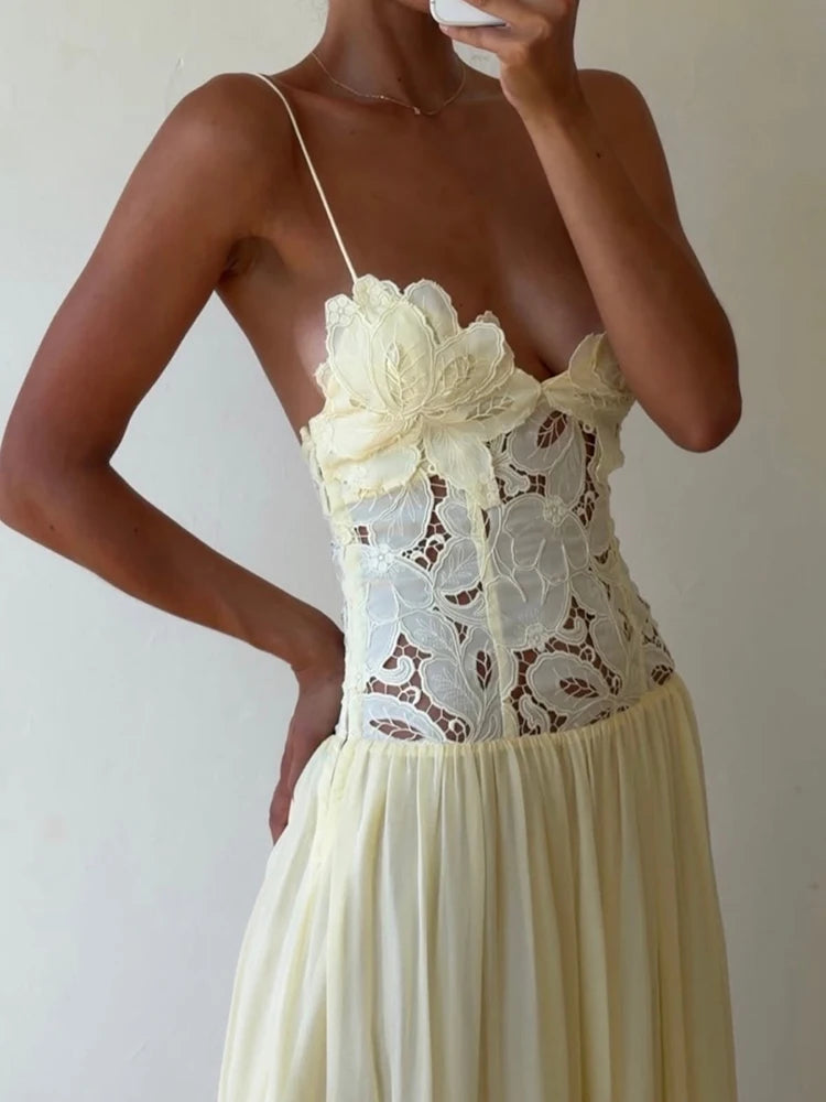 Hollow-Out Lace Patchwork Maxi Dress