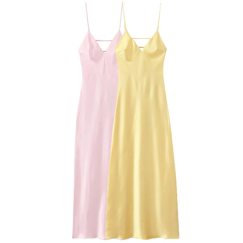 Yellow Satin V-Neck Slip Dress