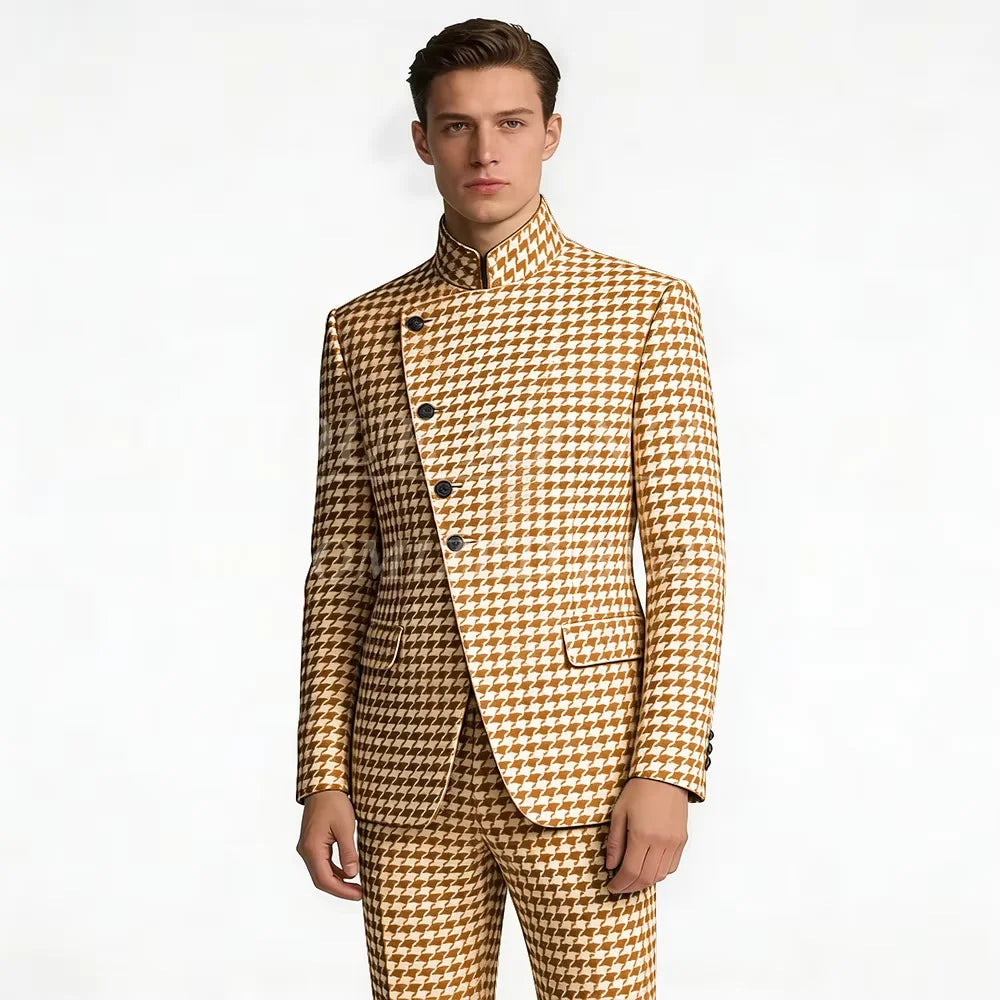Houndstooth Mandarin-Collar Slim Suit