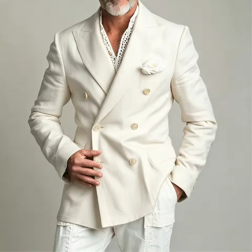Linen Peak-Lapel Double-Breasted Blazer
