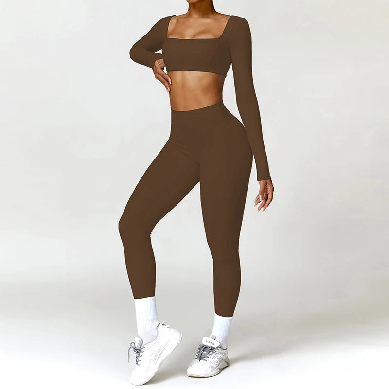 Nylon Solid Long Sleeve Two-Piece Yoga Set