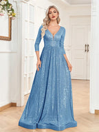 Long Sleeves Blue Sequins Formal Evening Dress