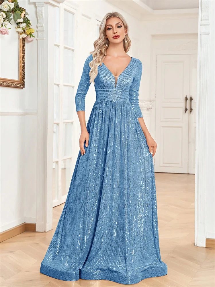 Long Sleeves Blue Sequins Formal Evening Dress
