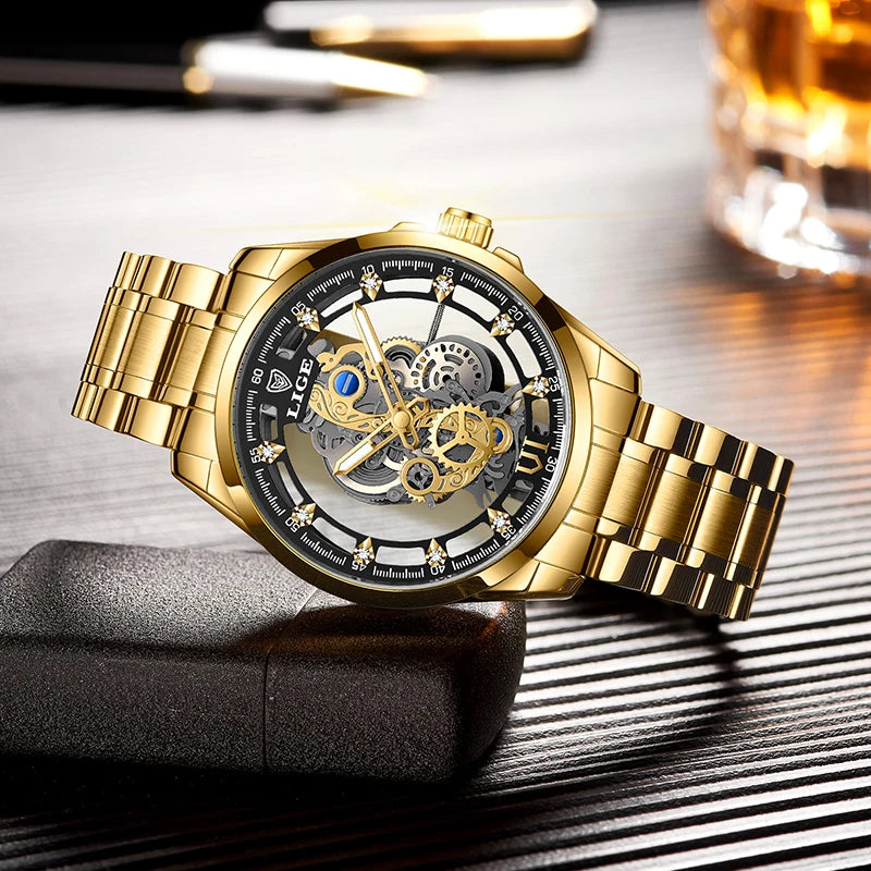 LIGE Gold Skeleton Vintage Watch
