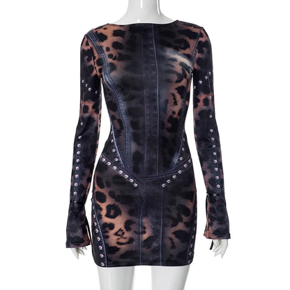 Leopard Print Slim Flare Sleeve Mini Dress