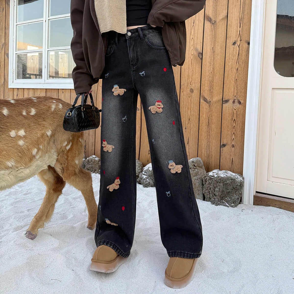 Embroidered Dog Straight-Leg Jeans