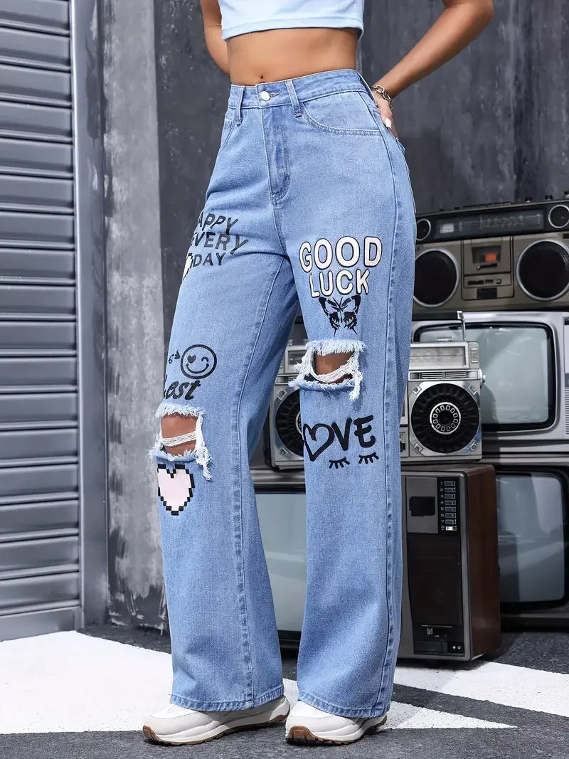 High Waist Ripped Straight Jeans