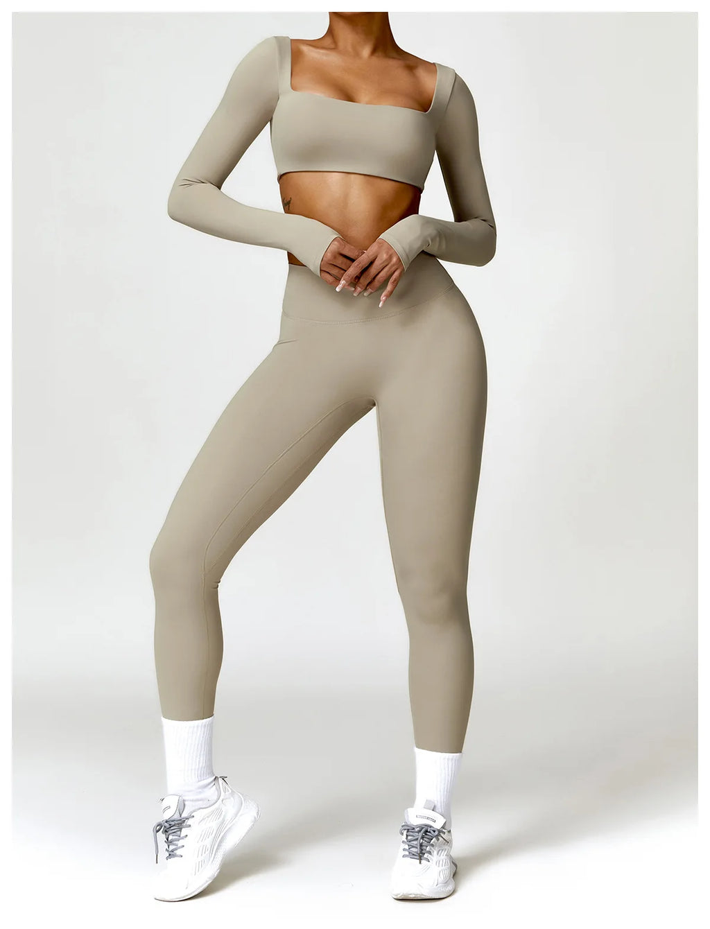 Nylon Solid Long Sleeve Two-Piece Yoga Set