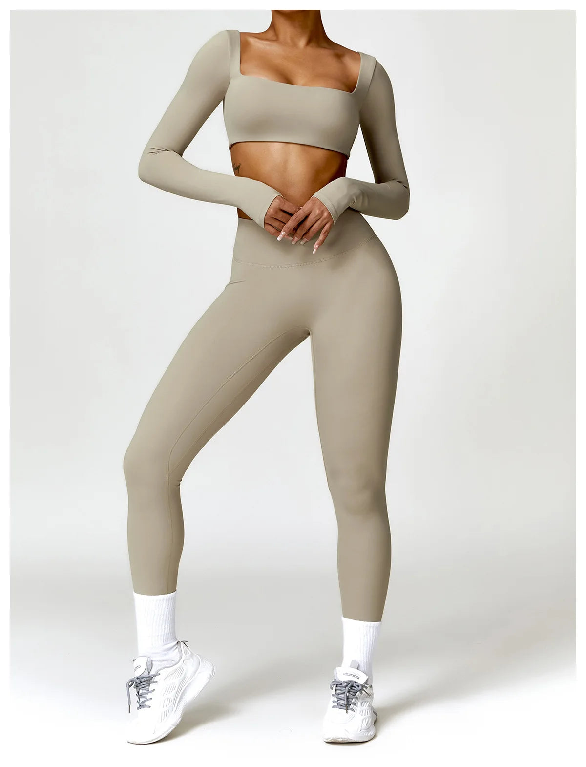 Nylon Solid Long Sleeve Two-Piece Yoga Set
