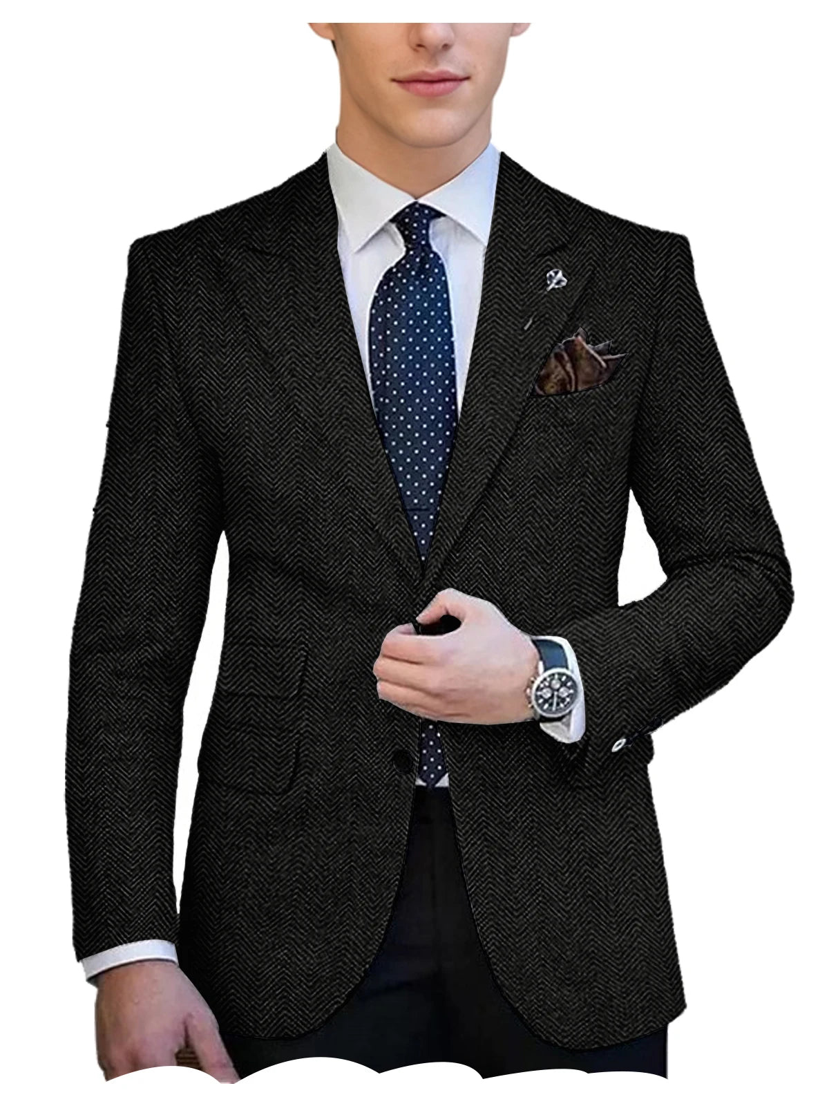 Herringbone Tweed Single-Breasted Blazer