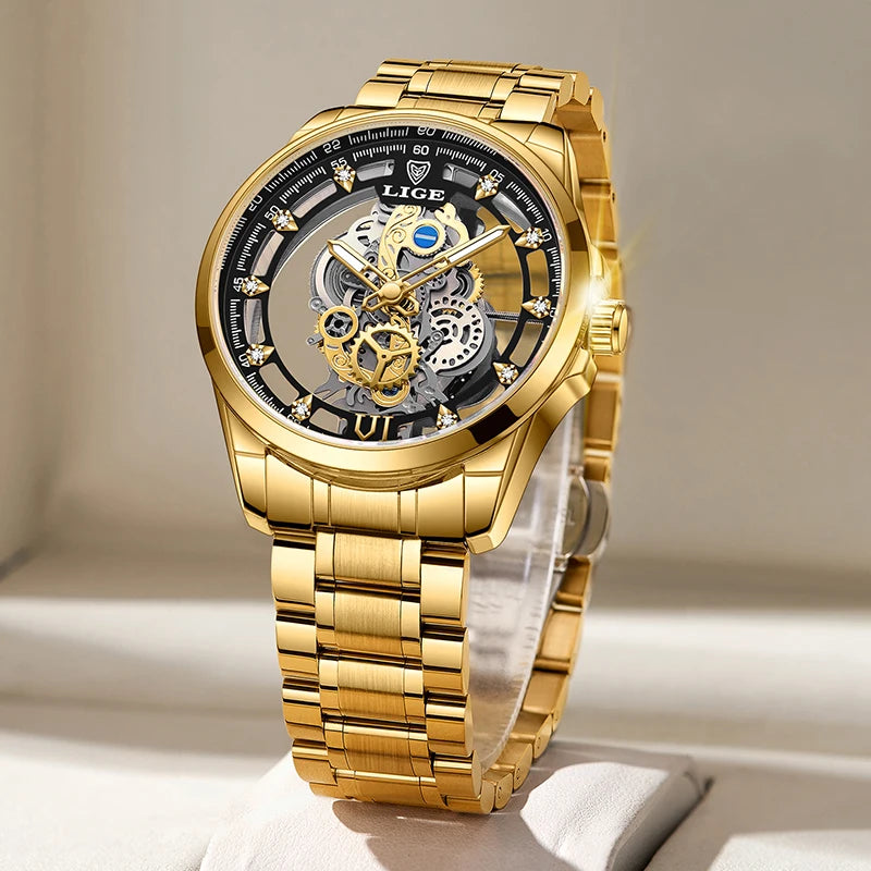 LIGE Gold Skeleton Vintage Watch