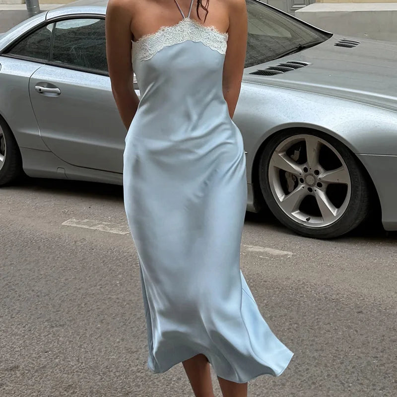 Lace Patchwork Halter Midi Dress