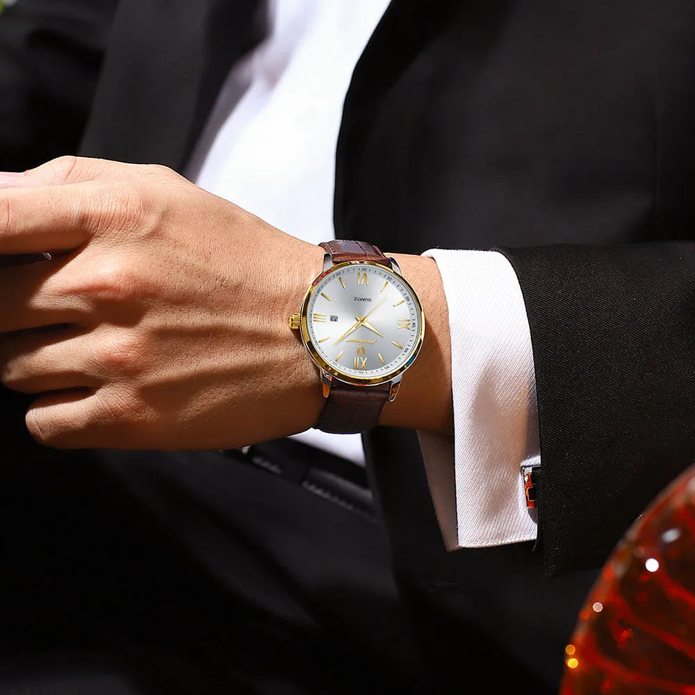 POEDAGAR Gold Leather Quartz Watch