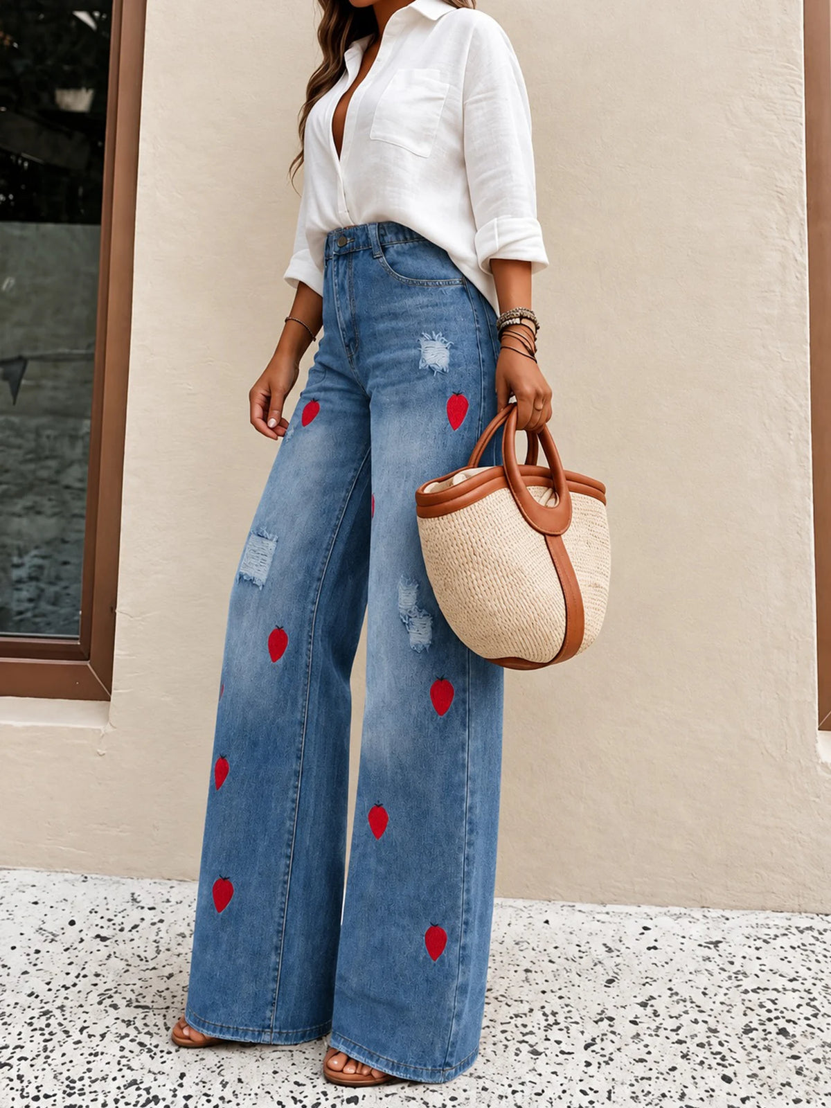 Strawberry Embroidered Wide-Leg Jeans