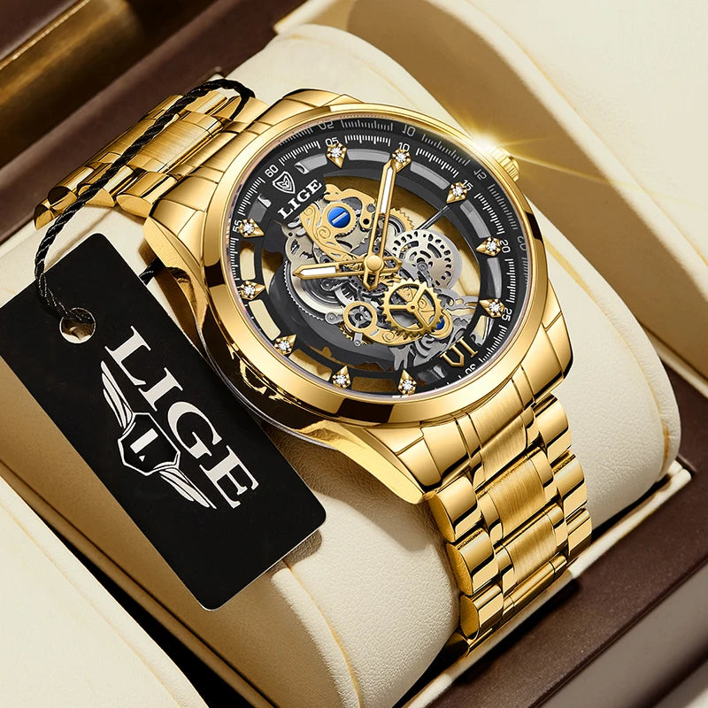 LIGE Gold Skeleton Vintage Watch