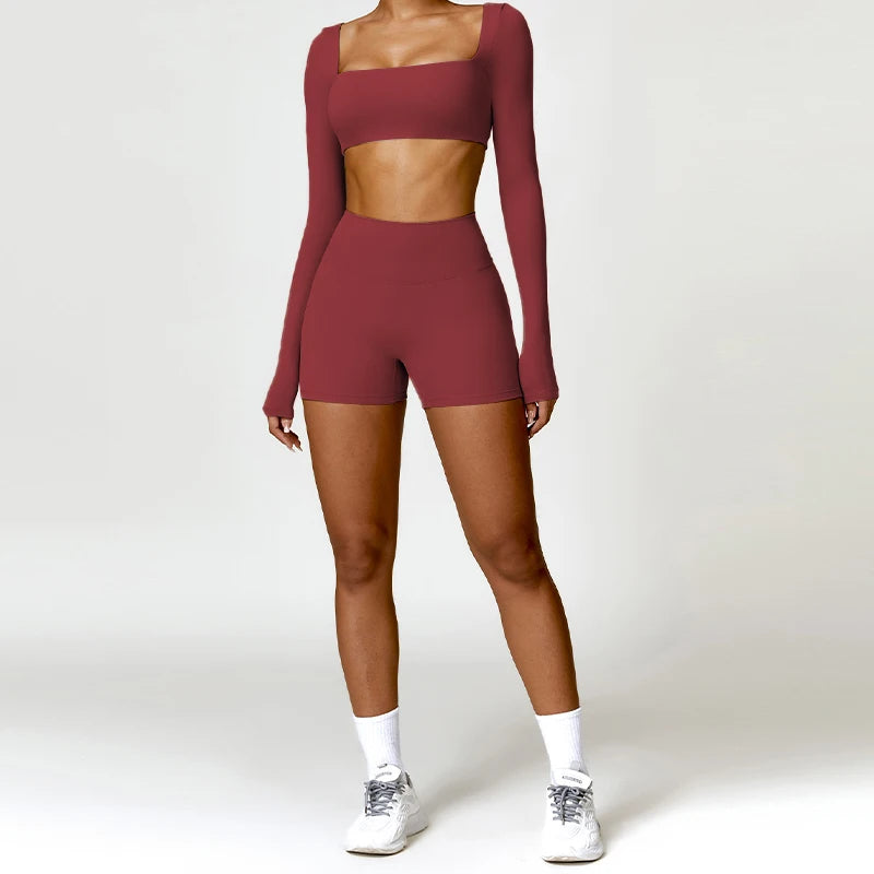 Nylon Solid Long Sleeve Two-Piece Yoga Set