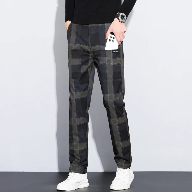 Plaid Check Thick Slim Trousers