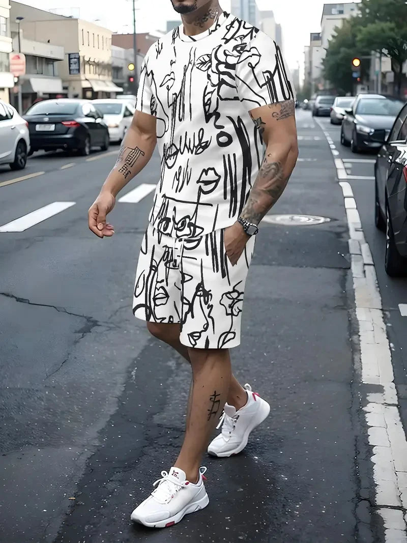 Letter Print Elastic Waist Shorts Set