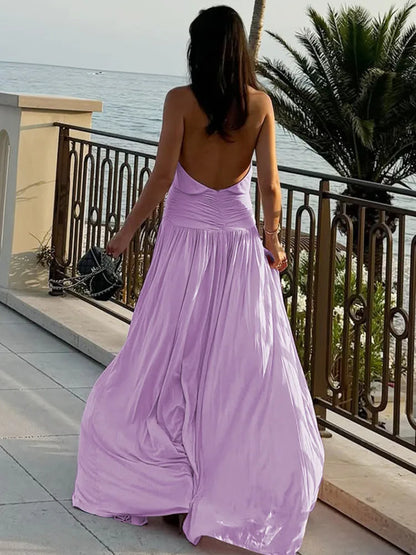 Halter Backless Pleated Maxi Dress