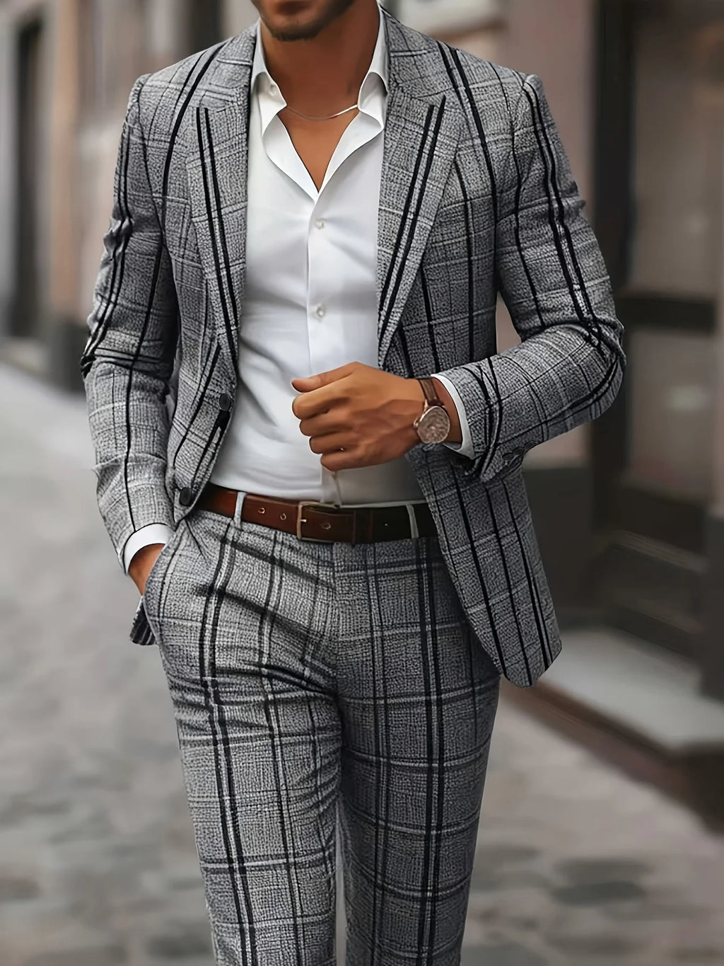 Grey Plaid Slim Business Suit Set