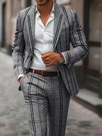 Grey Plaid Slim Business Suit Set