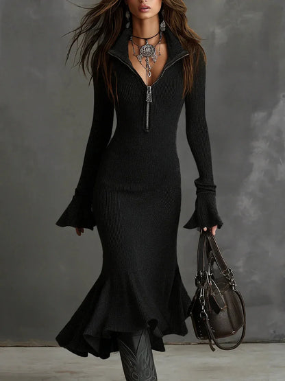 Zipper Lapel Fishtail Dress