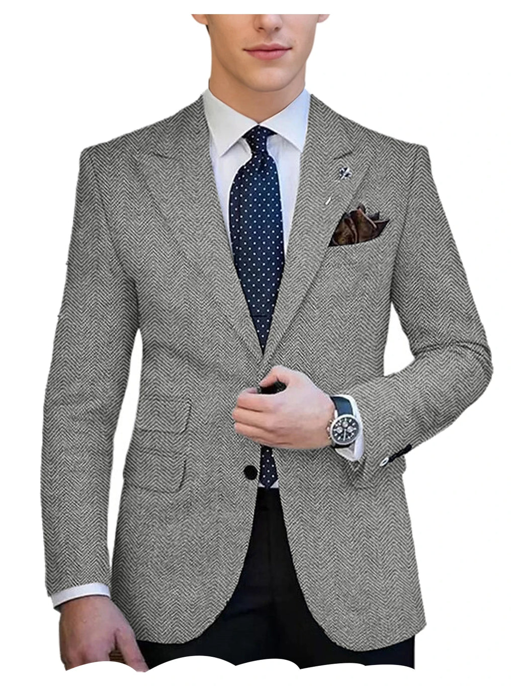 Herringbone Tweed Single-Breasted Blazer