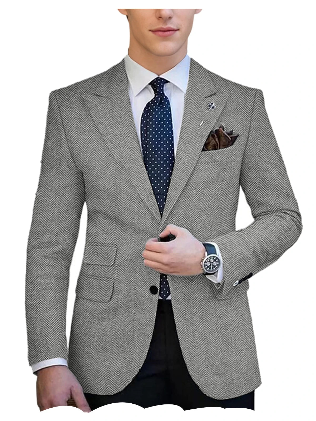 Herringbone Tweed Single-Breasted Blazer