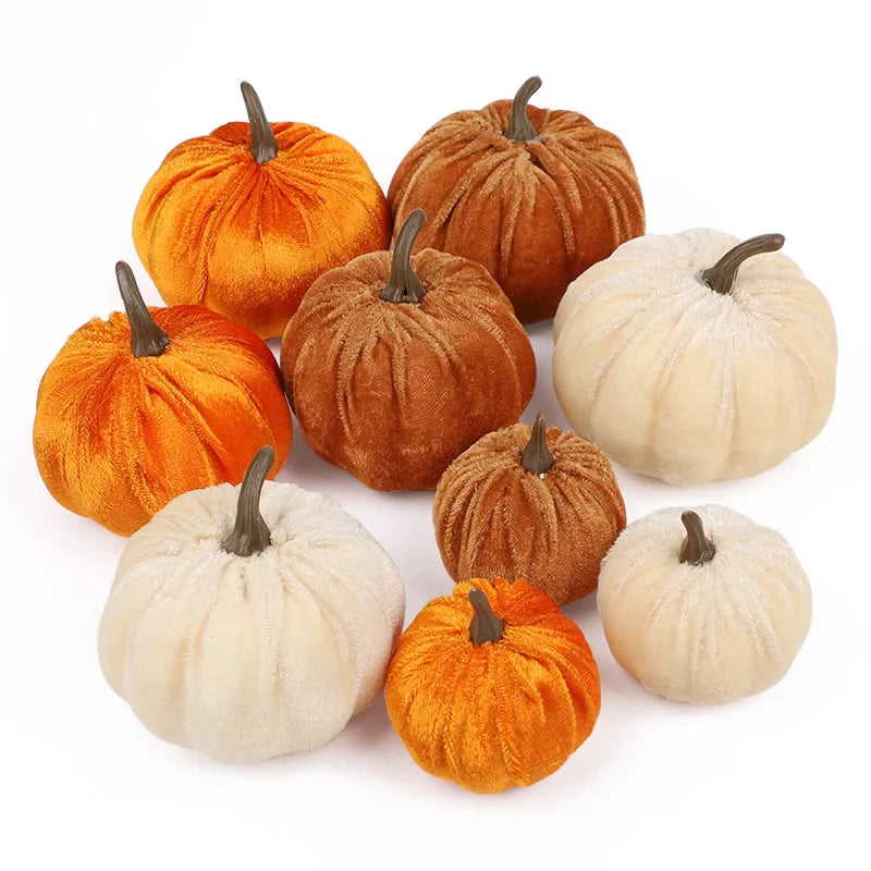 9pcs Velvet Artificial Pumpkins Set